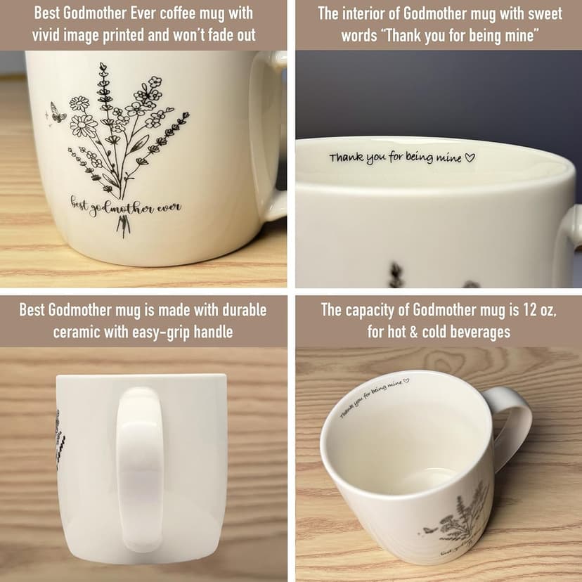 Best Godmother Ever Mug 12 Ounces Ceramic Coffee Cup Floral Beige with Keychain, Gift for Godmother Birthday, Mother’s Day, Christmas from Godchild
