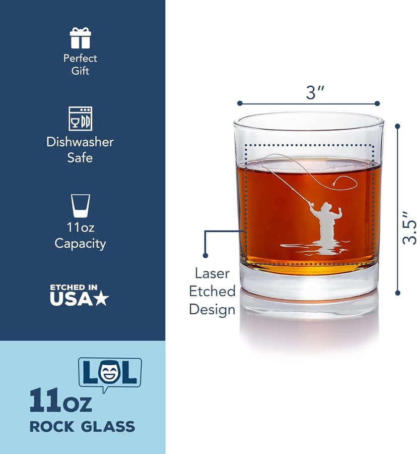 Fly Fisherman Round Rocks Glass - Fisherman Gift, Fishing Glass