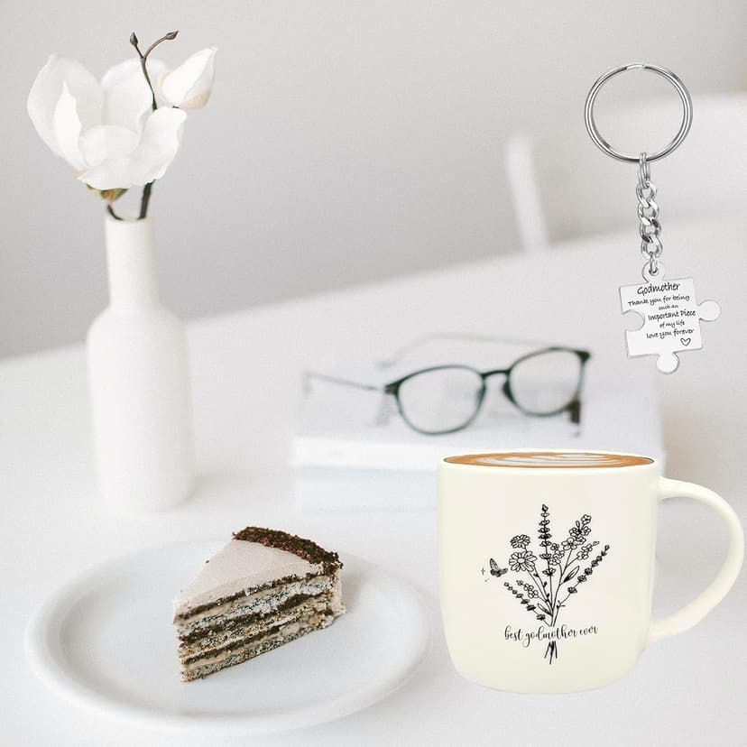 Best Godmother Ever Mug 12 Ounces Ceramic Coffee Cup Floral Beige with Keychain, Gift for Godmother Birthday, Mother’s Day, Christmas from Godchild