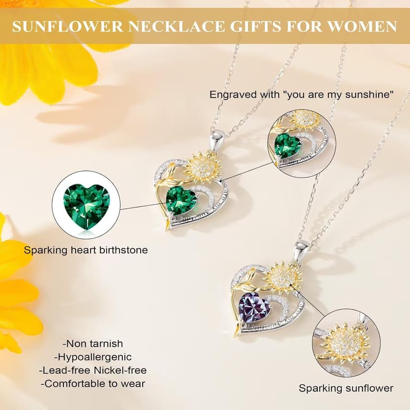Iefil Christmas Gifts for Women Wife Mom - Sunflower Birthstone Necklace for Women, Anniversary Birthday Gifts 925 Sterling Silver Heart Pendant You Are My Sunshine Jewelry for Girlfriend Mom Daughter