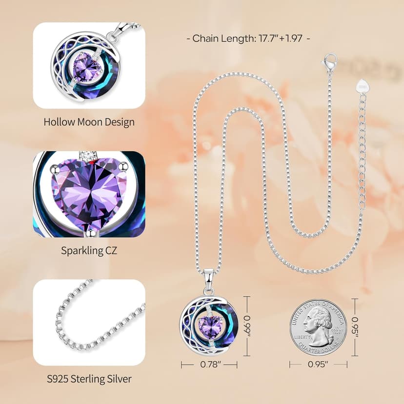 LIANYU Necklace for Womens Blue Sapphire Necklace Moon Pendant S925 Sterling Silver Crystal Jewelry for Women Pendant Birthday Gifts for Wife Gifts Valentine Anniversary