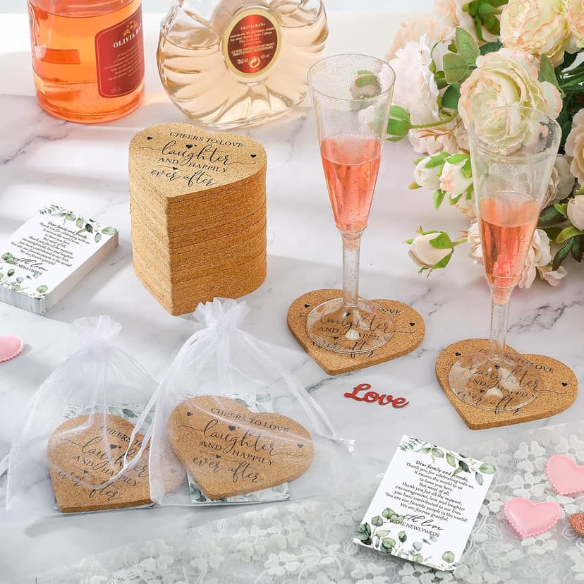 Uiifan 50 Set Wedding Favors for Guest Coaster Gifts Bulk Heart Shaped Coasters Thank You Cards Organza Bags Guest Souvenirs for Wedding Party Bridal Favors