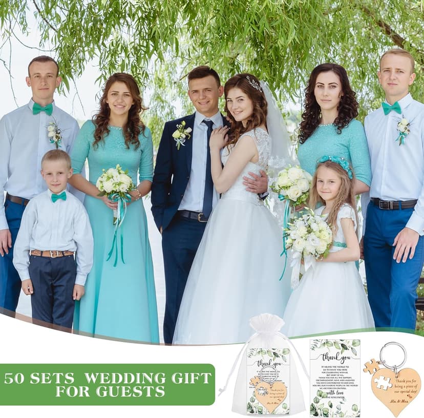 Wedding Favors for Guests Wood Heart Puzzle Keychains Thank You Cards Gift Bag Bridal Shower Souvenir Gifts(50 Sets)