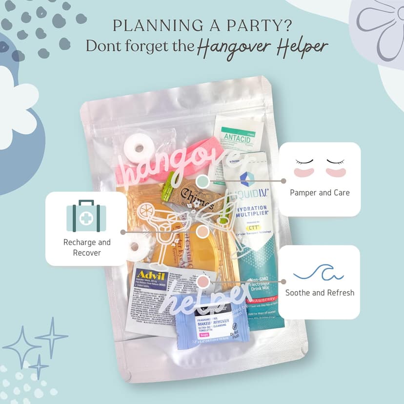 Hangover Kit (1 Pack) Pre Filled Party Favors, Goodie Bags, Gift for Bachelorette, Wedding, 21st Birthday, Girls Trip and All Celebrations