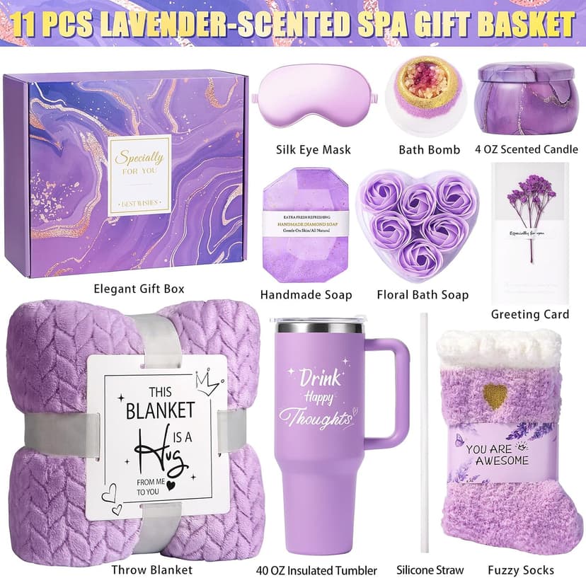 Birthday Gifts for Women Self Care Gifts Get Well Soon Gifts, Happy Birthday Spa Gift Baskets w/Flannel Blanket 40 OZ Tumbler Care Package for Mom Wife Sister Best Friend Her Daughter