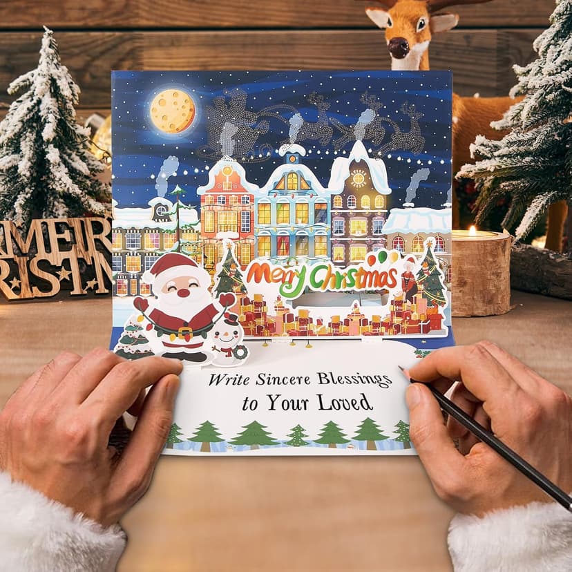 Christmas Cards Large Size, 3D Pop Up Merry Christmas Card with Light and Music, Handmade Christmas Gift Card with Envelope, Musical Greeting Card for Kids Son Daughter Husband Wife