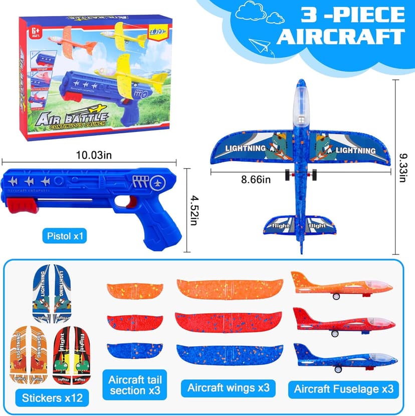 3 Pack Airplane Launcher Toys, 2 Flight Modes LED Foam Glider Catapult Plane, Outdoor Flying Toy for Kids, Birthday Gifts for Boy Girl 6+ Year Old, B-Day Party Supplies
