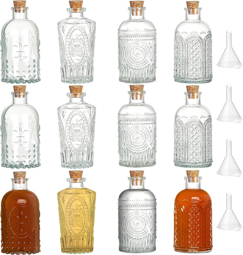 12 Pack 6oz Glass Bottles with Cork Stoppers, 200ml Clear Glass Liquor Bottles with 4 Vintage Patterns, Refillable Whiskey Bottles for Wine, Oil, Vinegar, Kombucha, Wedding Favors
