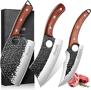 Huusk Butcher Knife Set Hand Forged Serbian Chef Knife Viking Boning Knife Cleaver Knife 3PCS Kitchen Knife Set for Meat Cutting Home & Outdoor Cooking BBQ Knives Gift for Men