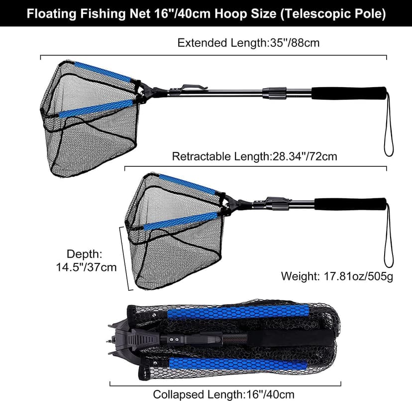PLUSINNO Fishing Net Fish Floating Landing Net, Kayak Nets with Fixed Foldable Telescopic Pole Handle, Bass Trout Fishing Nets with Nylon Mesh for Pond Lake River, Fishing Gear Gifts for Men