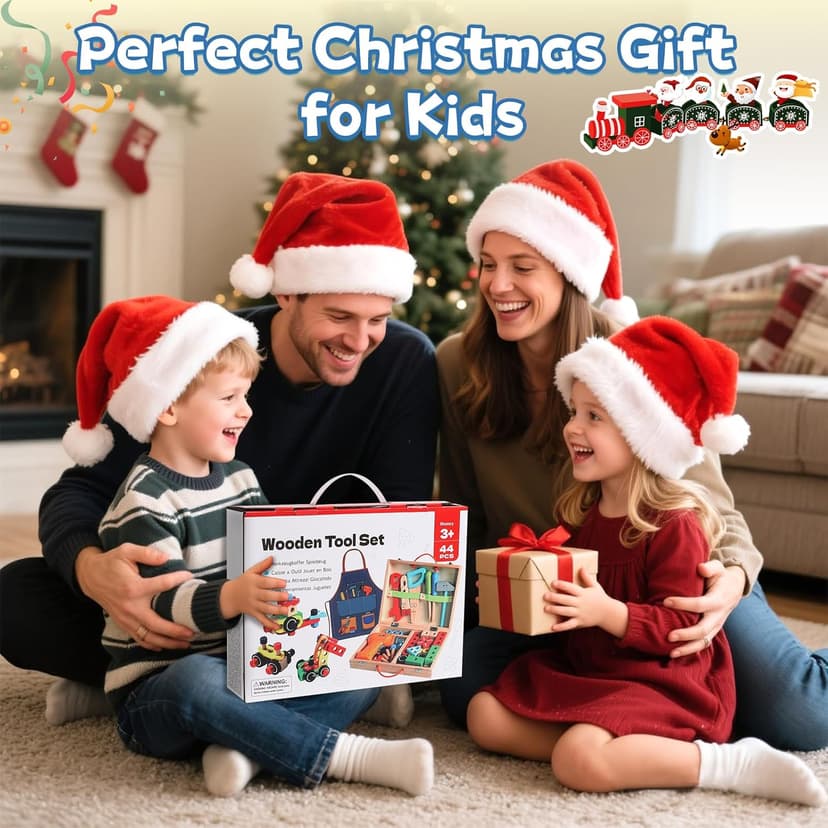 Kids Tool Set with Drill, Educational Montessori Toys for 3 Year Old Boys 44 Pcs STEM Kids Toys Wooden Toddler Tool Set with Apron & Box Christmas Birthday Gifts for 3 4 5 Year Old Boy Girl
