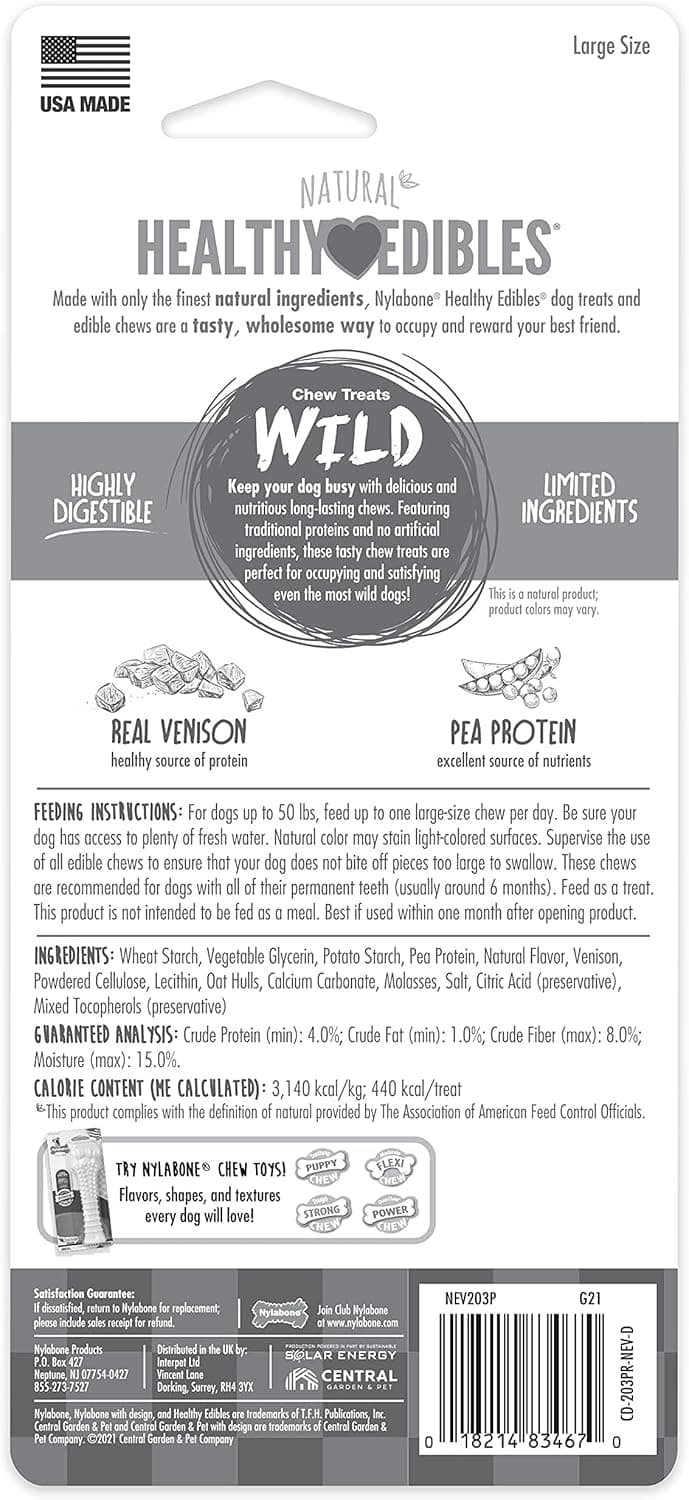 Nylabone Healthy Edibles WILD Natural Dog Chew Treats for Large Dogs, Long Lasting Dog Healthy Chew Bones Made in USA, Venison Flavor, For Dogs Up to 50 lbs. (1 Count)