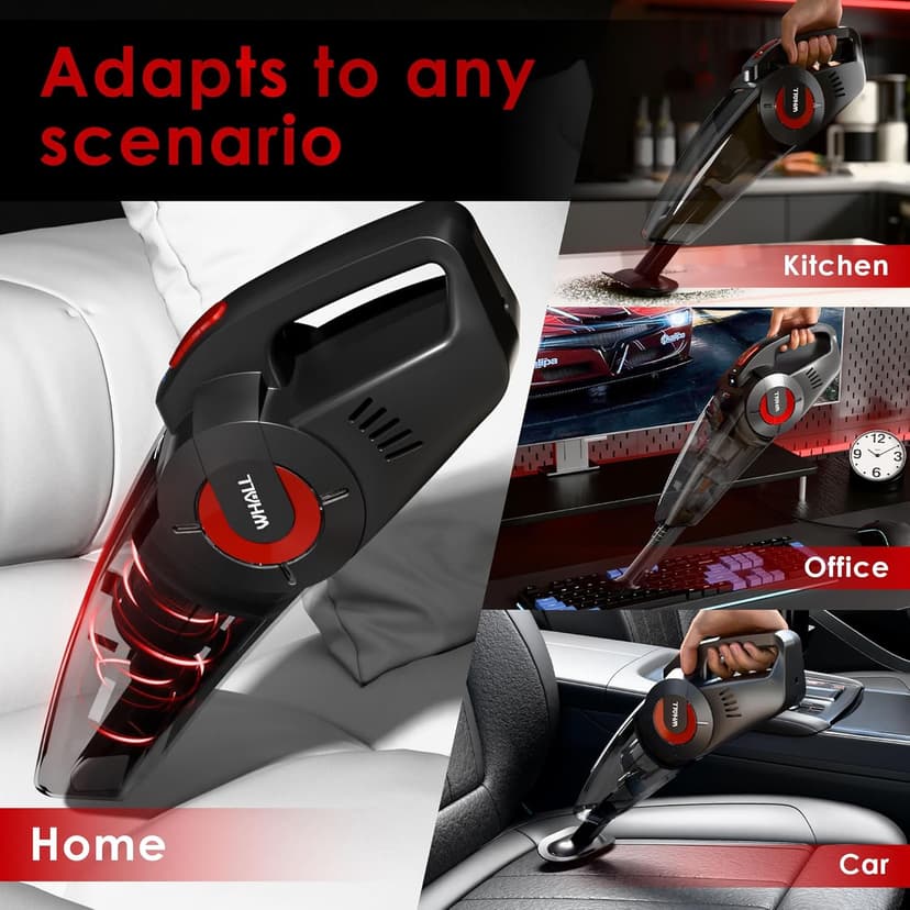 whall Handheld Cordless Car Vacuums, Wet and Dry Use 9000Pa Strong Suction Vacuums, Rechargeable Portable Vacuum Cleaner with LED, Charging Dock, Lightweight Mini Vacuum for Car, Home and Office, Red