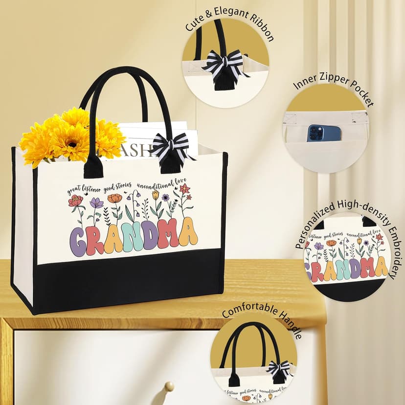 Grandma Gifts for Birthday Tote Bag Grandma Gifts Set from Granddaughter Grandson Grandchildren Grandkids Best Grandma Gifts Basket Tote Bag Makeup Bag 16 Oz Can Glass Bead Bracelet