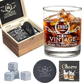 40th Birthday Gifts for Men Whiskey Glass Set - 40th Birthday Decorations, Party Supplies - 40 Year Anniversary, Bday Gifts Ideas for Him, Dad, Husband, Friends - Wood Box & Whiskey Stones & Coaster