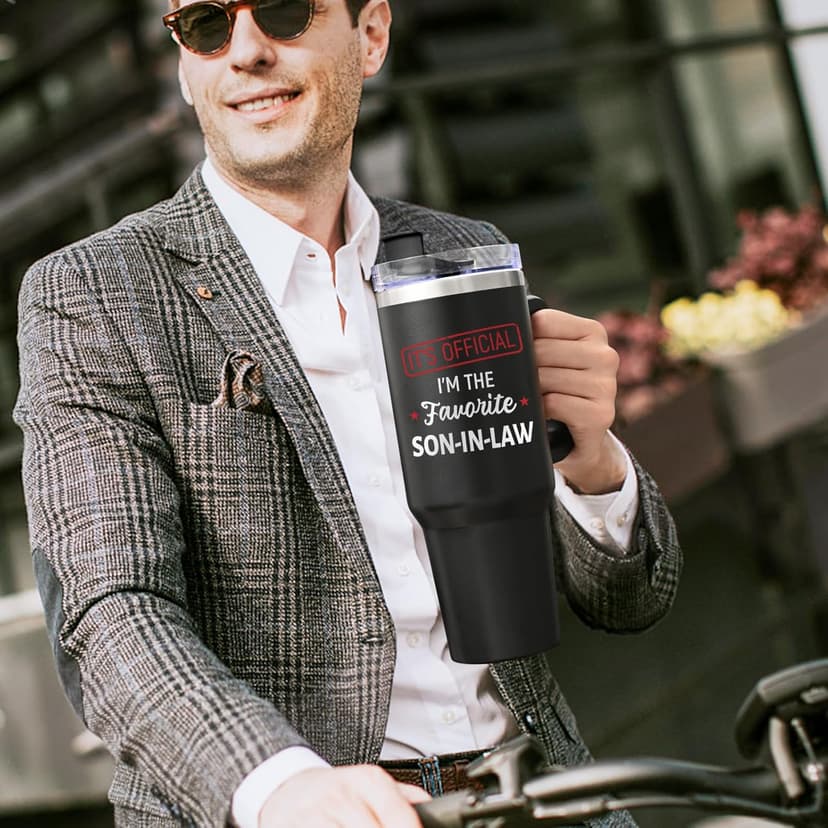 Lifecapido Son in Law Gifts, Favorite SON-IN-LAW 40oz Tumbler with Handle, Birthday Fathers Day Christmas Engagement Wedding Gifts for Son in Law from Mom in Law Dad in Law, Black