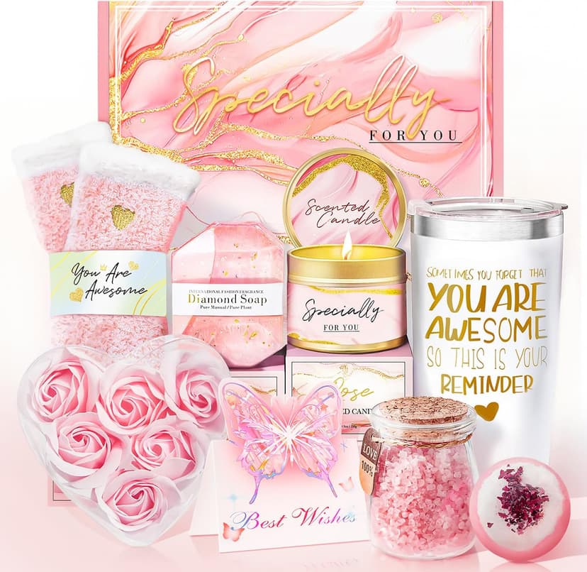 Gifts for Women, Birthday Gifts for Women, Happy Birthday Gifts Basket for Women, Rose Relaxing Spa Gifts Basket for Best Friends Female Sister Mom Wife Her Girlfriend Coworker Bestie