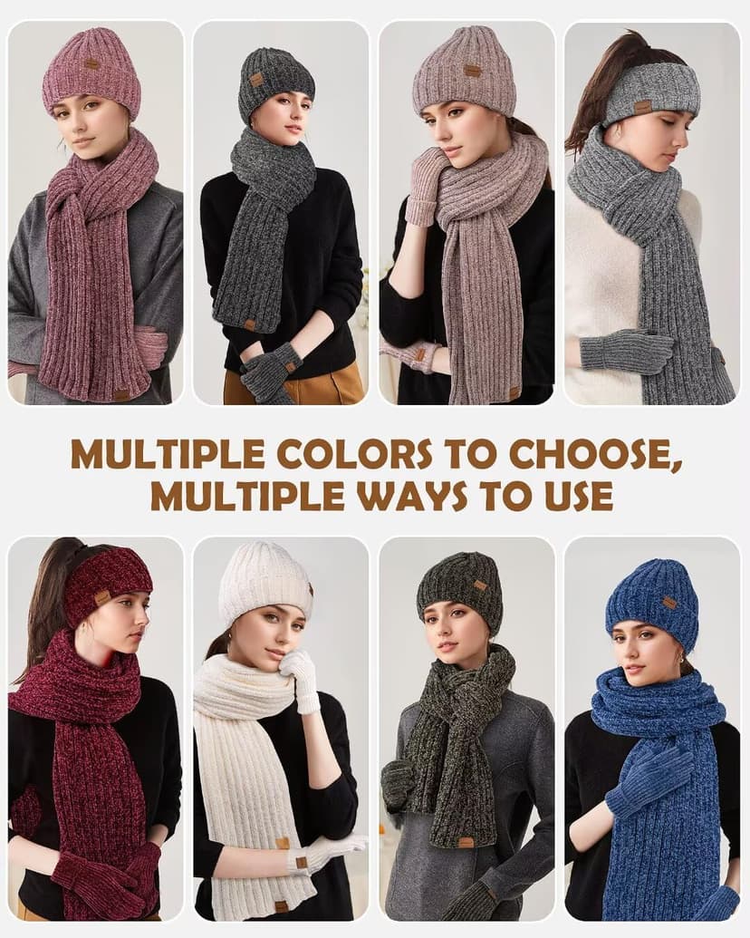 Women Beanie Scarf Gloves Headband Set, Chenille Winter Hats Fleece Lined Ear Warmer Knit Scarf Touchscreen Gloves 4 Gift Set