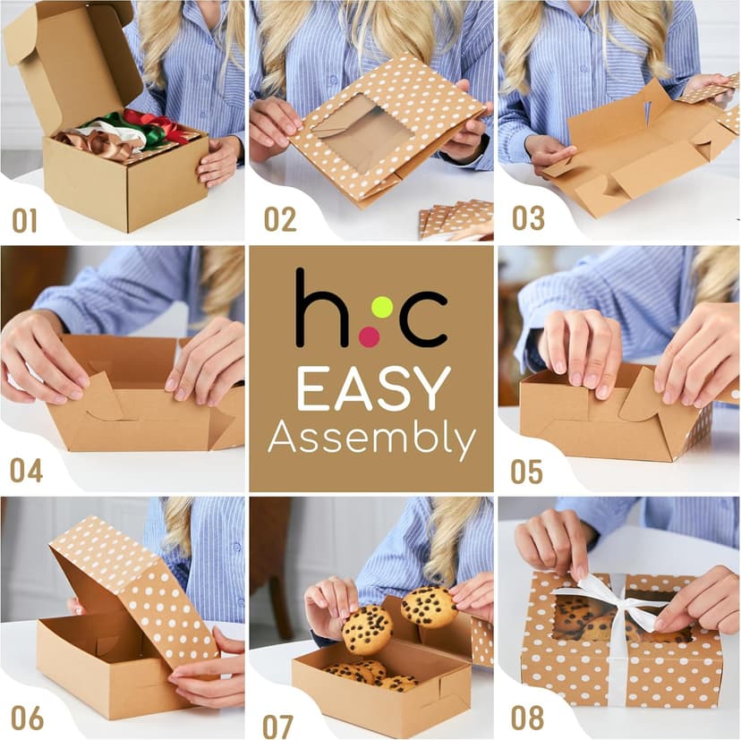 Brown Kraft Cookie Boxes with Ribbons & Window (20 Pack) 8.3 x 6 x 2.8” Food Grade Cardboard Bakery Gift Boxes for Christmas Gift Giving, Baked Goods, Candy Treats, Decorative Holiday Packaging, Empty