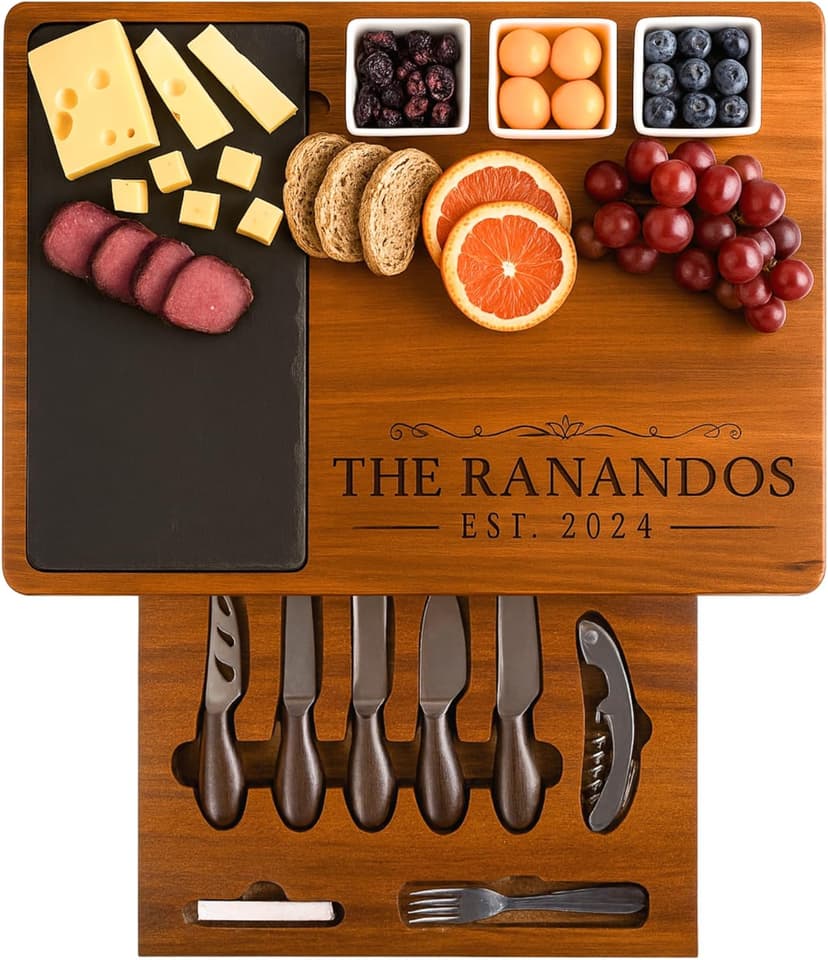 Personalized Acacia Wood Charcuterie Board Set with Stainless Steel Knives – Custom Cheese Board Gift for Wedding, Christmas, Housewarming, Bridal Shower, Anniversary, Women and Couples, Gifts for Her