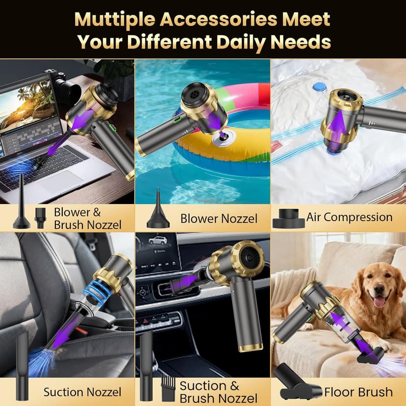 Car Vacuum Portable Cordless - Handheld Vacuum Cleaner with 16000PA Strong Suction, 7-in-1 Air Duster/Blower, Rechargeable Mini Vacuum with Long Battery, Multi-Nozzles for Car,Home, Office, Pet