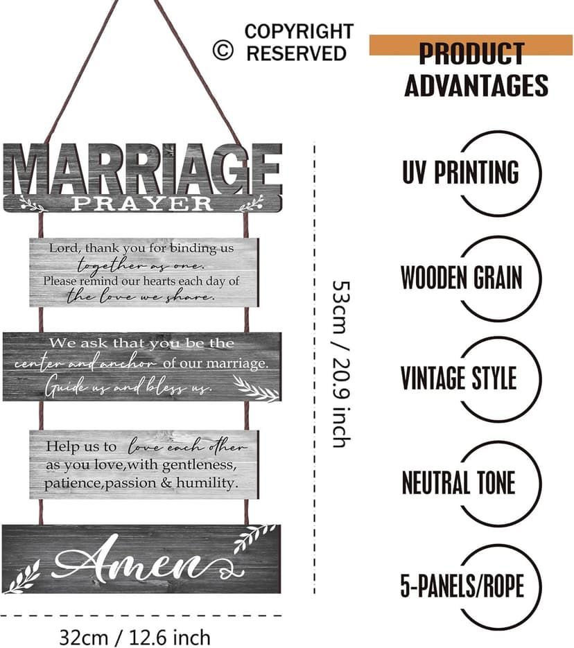 Buecasa Marriage Rustic Sign with 5pcs Panels Strung Together - Bridal Shower Gift for Couples Wife Husband - Christian Religious Inspiring Home Decor Newlywed