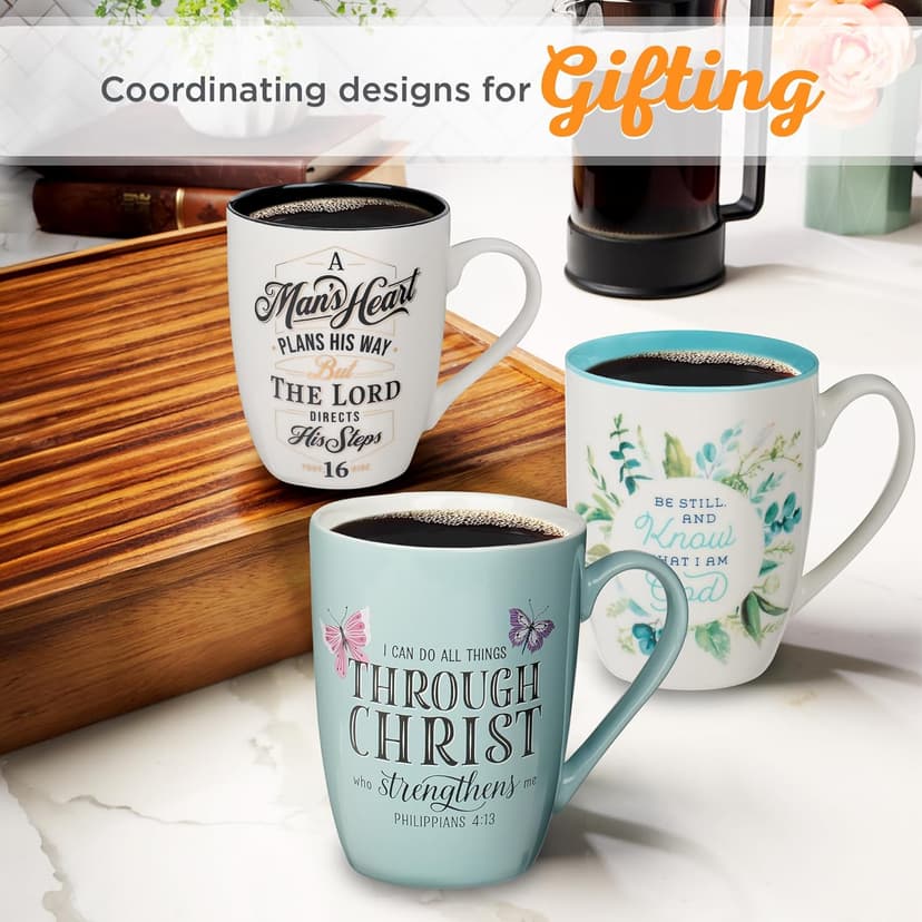 Christian Art Gifts Inspirational Microwave/Dishwasher Safe Ceramic Coffee & Tea Scripture Mug for Women: All Things Through Christ Encouraging Bible Verse, Cute Butterflies, Light Blue/White, 12 oz.