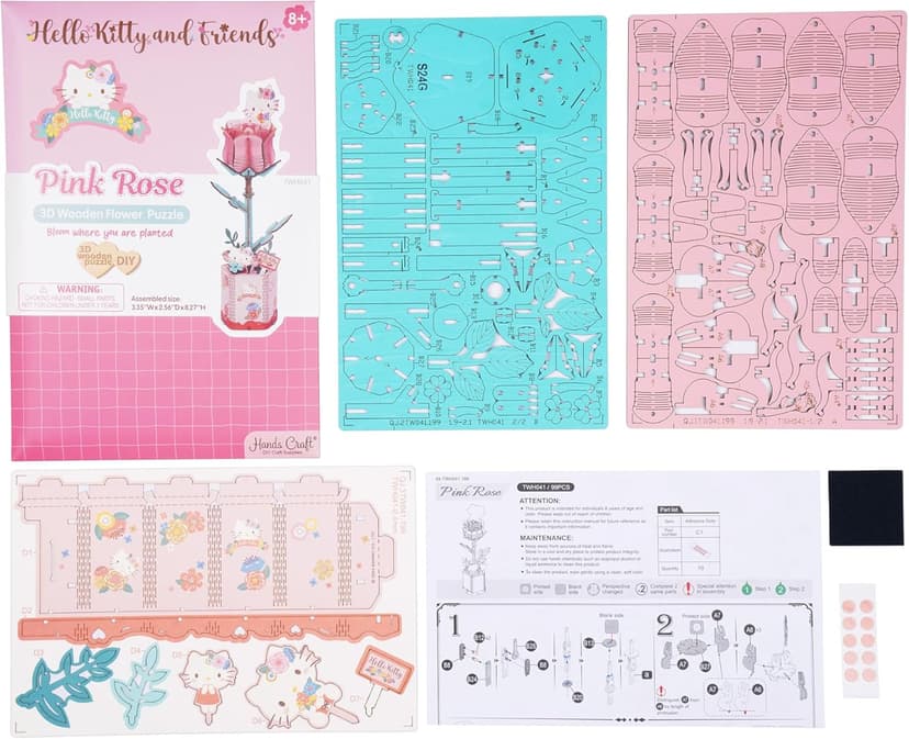 Hands Craft Hello Kitty and Friends Pink Rose 3D Wooden Puzzle Kit | DIY Flower Model | Arts & Crafts for Adults & Kids | Creative Hobby Kits | Hello Kitty Collectible | Wood Building Set