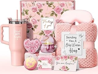 Birthday Gifts for Women Self Care Gifts Get Well Soon Gifts, Rose Relaxing Spa Gifts Basket Care Package w/ Luxury Flannel Blanket 40 oz Tumbler, Mothers Day Gifts for Mom Her Wife Girlfriend Sister