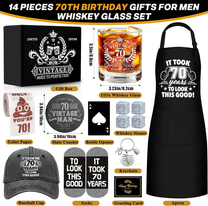 70th Birthday Gifts for Men Whiskey Glass Set, 70th Birthday Party Supplies with 11 Oz Whiskey Glass Coaster Stone Baseball Cap Apron Sock Funny Toilet Paper Keychain for Him, Dad, Husband, Friends