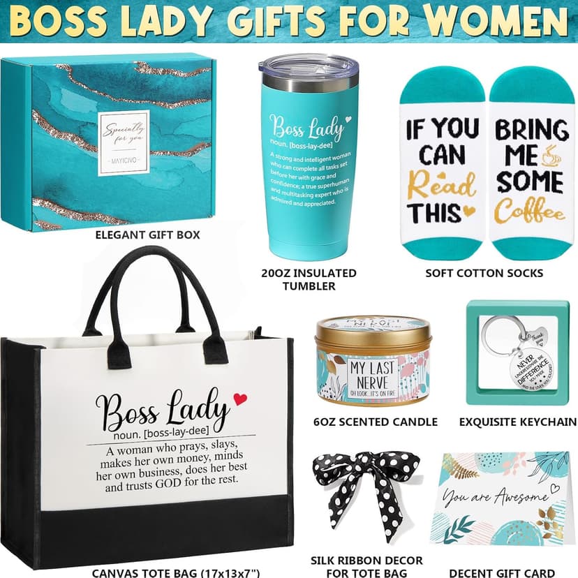 Boss Day Gifts for Her Women, Best Boss Lady Gifts for Women Cool Bosses Christmas Gift Basket for Female, Funny Thank You Bosses Lady Appreciation Birthday Farewell Gift Set with Canvas Tote Bag