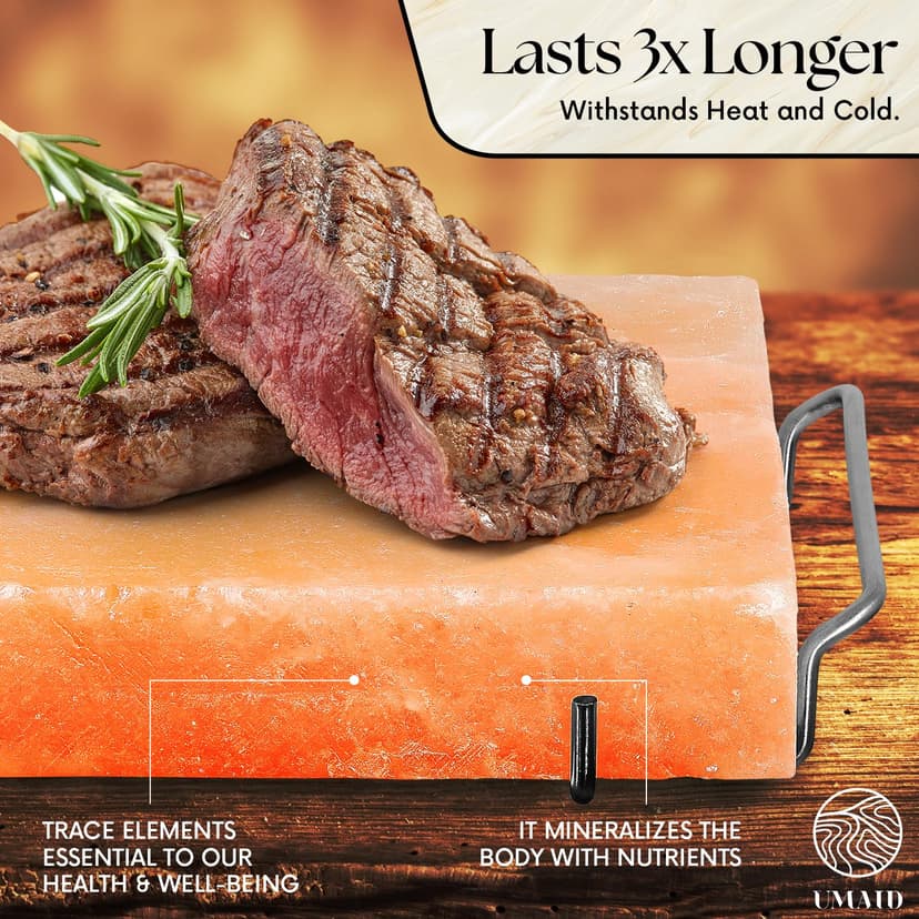 UMAID Himalayan Salt Block For Grilling, Cooking, Cutting and Serving,12X8X1.5 Food Grade Himalayan Pink Salt Stone on Stainless Steel Plate & Recipe Booklet, Unique Gifts for Men, Women, Chef, Cooks