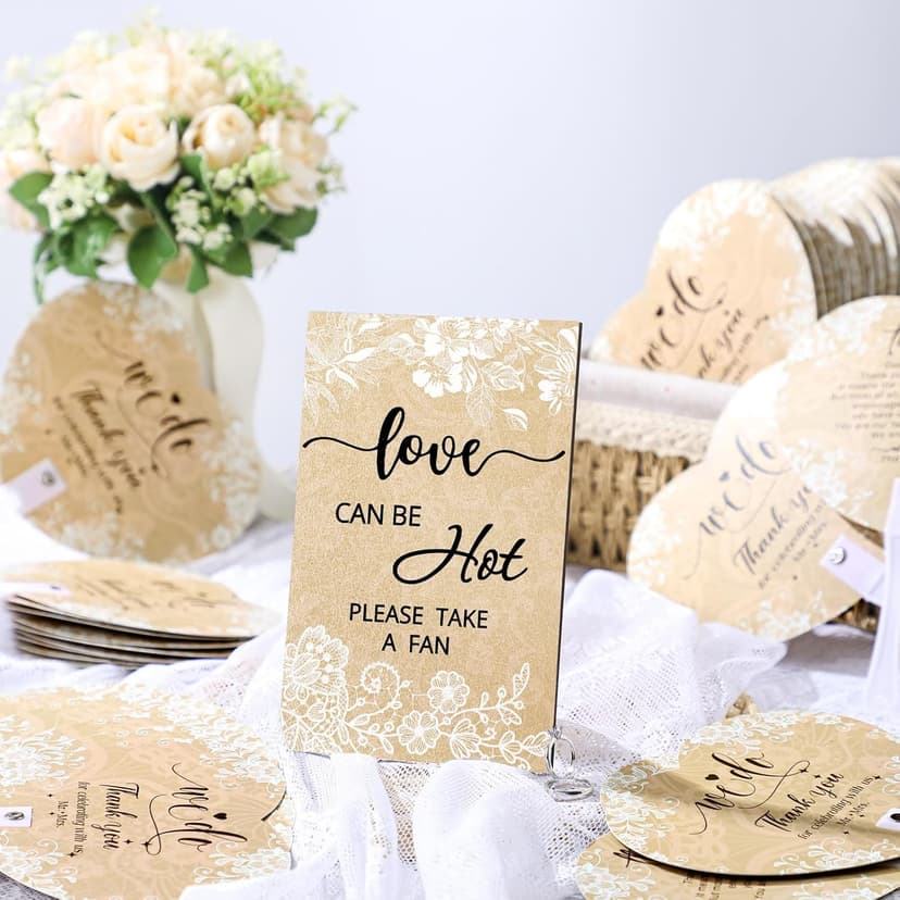 Roowest 101 Pcs Wedding Fans Gifts for Guests 100 Pcs Wedding Hand Plastic Fans and a Table Sign for Bridal Shower Party Favor Appreciation(Wood,Retro Lace)