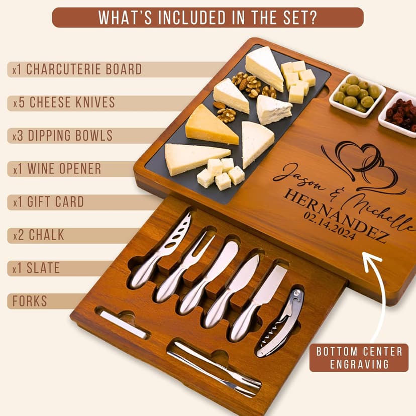 Personalized Acacia Wood Charcuterie Board Set with Stainless Steel Knives – Custom Cheese Board Gift for Wedding, Christmas, Housewarming, Bridal Shower, Anniversary, Women and Couples, Gifts for Her