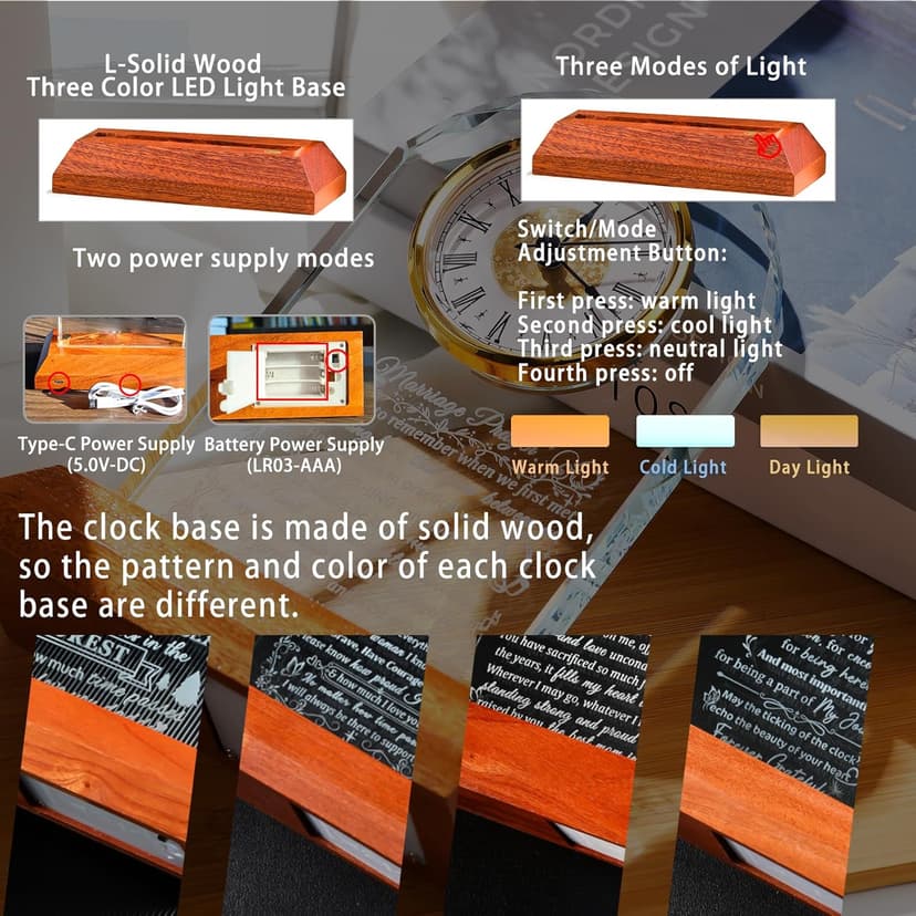 Ornalrist Wedding Gifts for Couples 2025 - Glass Clock with Wooden Light Base Happy Anniversary Marriage Prayer Wedding Gifts for Bride and Groom Engagement Newlywed Mr Mrs Gifts