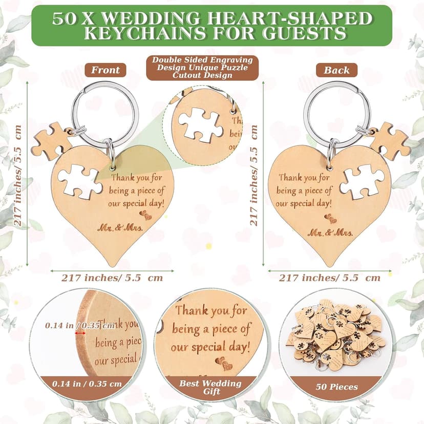Wedding Favors for Guests Wood Heart Puzzle Keychains Thank You Cards Gift Bag Bridal Shower Souvenir Gifts(50 Sets)