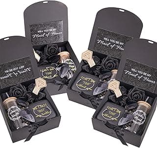 4 Sets Black Bridesmaid Proposal Gifts, Maid of Honor Gift Includes Wedding Gift Box Jewelry Box Makeup Bag Bracelet Foam Flower Invited Card Glasses Cup Hair Tie for Bridal Shower Bachelorette Party