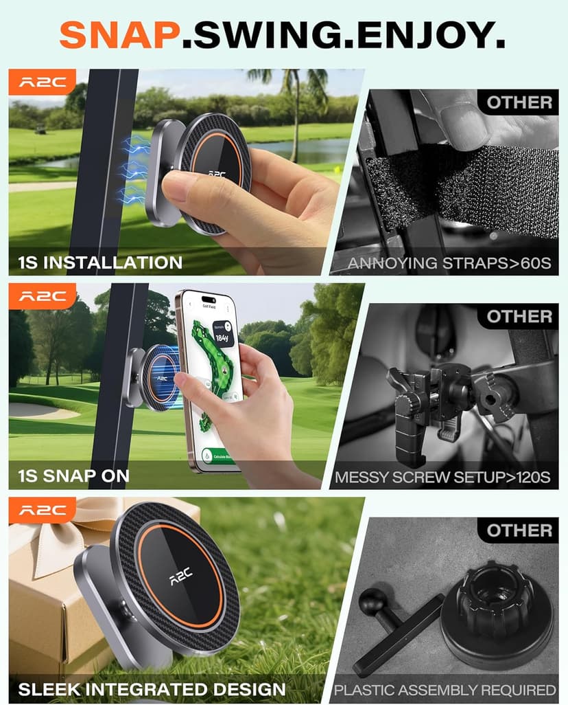 A2C Alloy Magnetic Golf Cart Phone Holder Compatible with MagSafe iPhone 16 Pro Max Plus 15 14 13 12 Mini Fits EZGO, Club Car, Yamaha, Icon, Golf Cart Accessories Essentials Gift for Friend Men Women