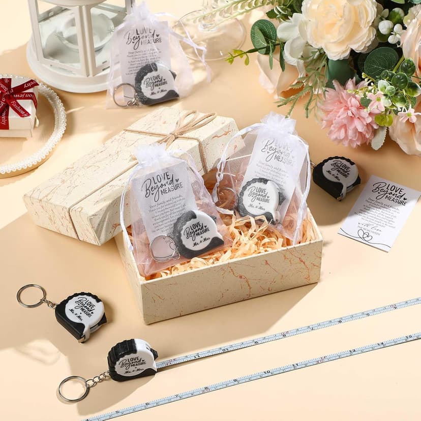 25 Sets Wedding Favors for Guests Tape Measure Keychains with Cards Gift Bags for Bridal Shower Wedding Party Souvenirs