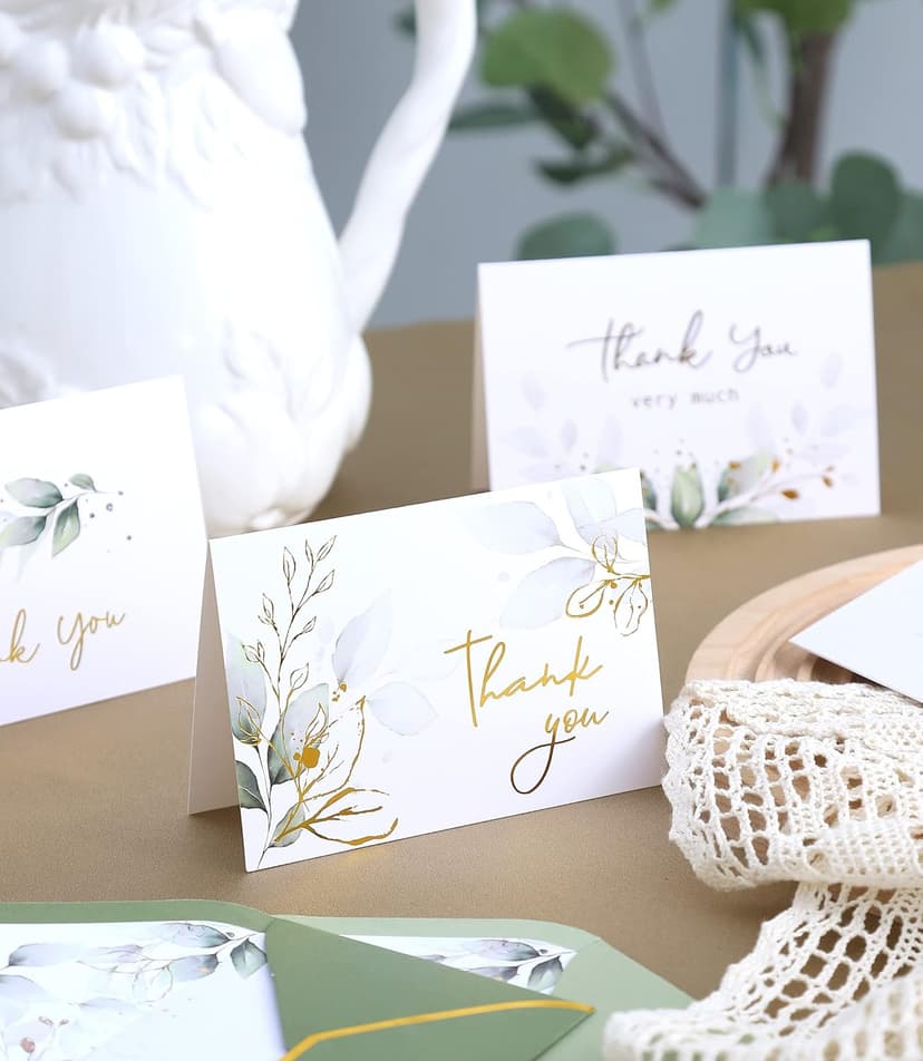 Winoo Design 100 PK Luxurious Gold Thank You Cards with Envelopes Bulk Sage Green - 5x3.5 Inches Wedding Thank You Notes Baby Shower Greenery Bridal Shower Small Business