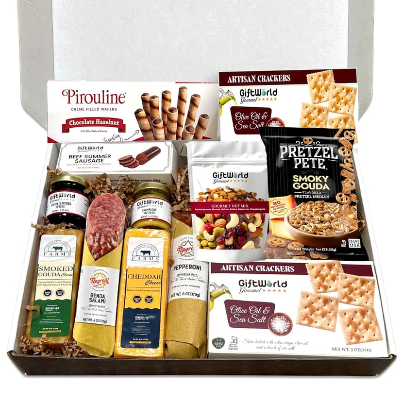 Deluxe Meat and Cheese Gift Basket – Gourmet Charcuterie Assortment Charcuterie Food Items, Meat Cheese Assortment, Food Gifts for Men, Tailgating, Business, Congratulations, Care Packages, Thanksgiving and Christmas Gifts - 11-item Bundle