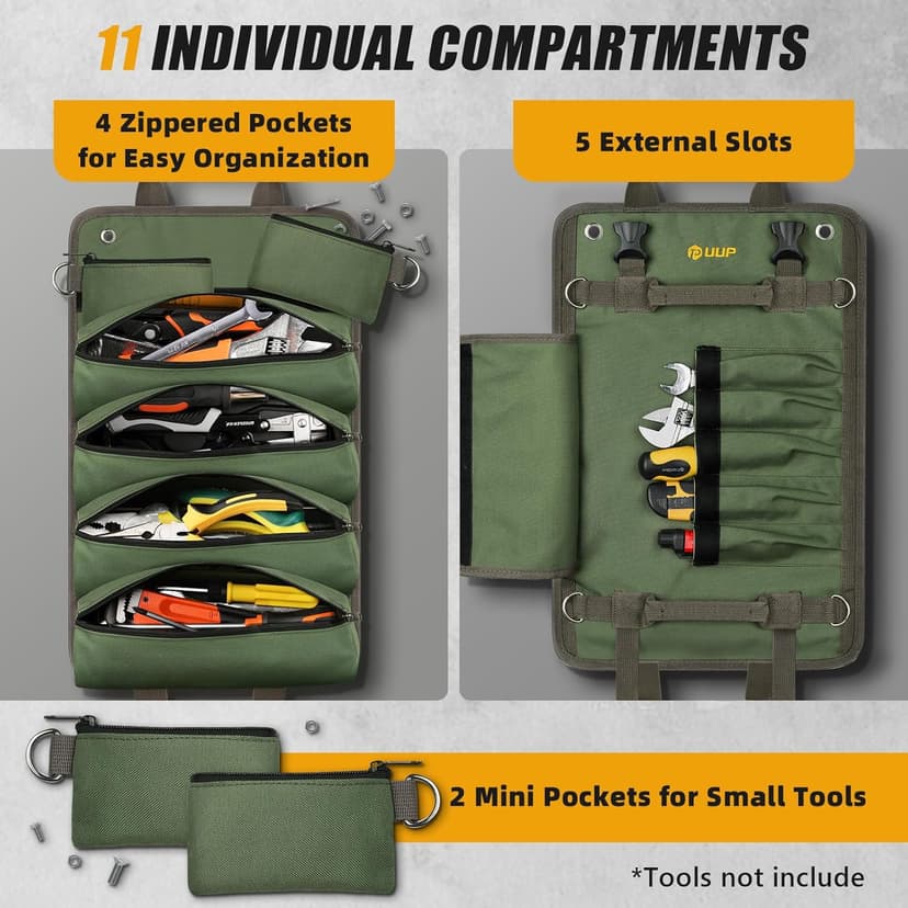 Tool Bag Roll Up, UUP Heavy Duty Portable Soft Tool Storage Organization, Foldable Empty Rollup Organizer with 2 Small Pouches, Rollable Carrying Toolbag, Dad Men Mechanic Welding Birthday Gift, Green