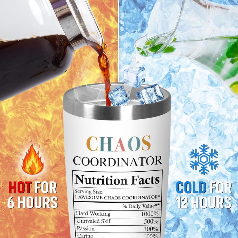 TEEZWONDER Christmas Thank You Gifts For Women - Chaos Coordinator Insulated Coffee Tumbler with Lid 20 oz - Teacher Retirement Appreciation Birthday Gifts for Women Friends Coworkers Boss Employee