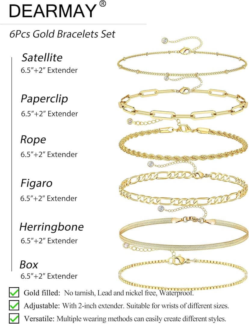 DEARMAY Gold Bracelets for Women Waterproof, 14K Real Gold Jewelry Sets Trendy Thin Dainty Stackable Cuban Link Paperclip Chain Bracelet Pack Fashion Accessories Gifts for Womens