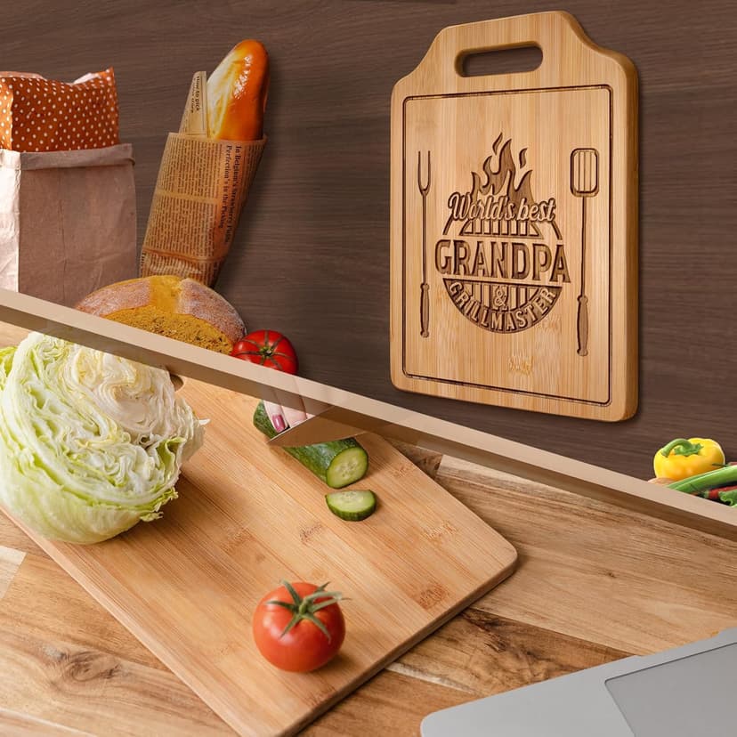 AceThrills Grandpa Gifts for Grandpa Birthday, Christmas, Fahthers Day - Grill Master Engraved Bamboo Cutting Board 12.3"L x 8.7"W x 0.4"Th (World's Best Grandpas)