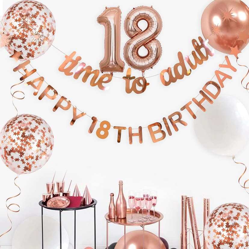Rose Gold Time to Adult Happy 18th Birthday Banner Garland Foil Balloon 18 for 18th Birthday Decorations Hanging Eighteen Year Old Birthday Party Decor for Men Boys Girls 18 Birthday Party Supplies