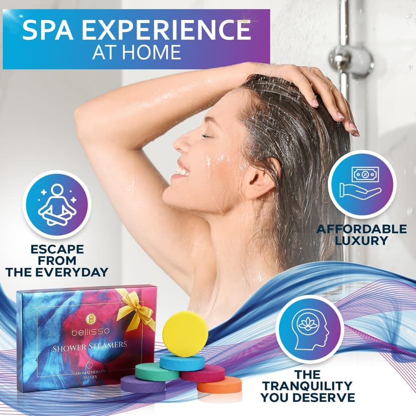 Aromatherapy Shower Steamers Gift Set, Six Fizzies - Uplifting, Relaxing, Stress Relief Scents for Women and Men - Self Care Home Spa Experience - Christmas Day Stocking Stuffers and Relaxation Gifts