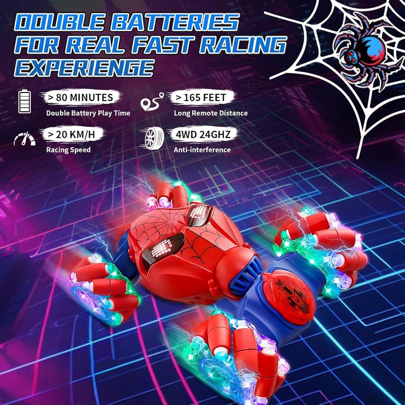 S-pider Rc Gesture Sensing Stunt Car Toys for Boys 4-14 Years Old, Drift Hand Control Remote Control Cars with Light & Music, 360°Rotation Double Side Cars Birthday Gifts for Kids Age 5 6 7 8 9 10 11