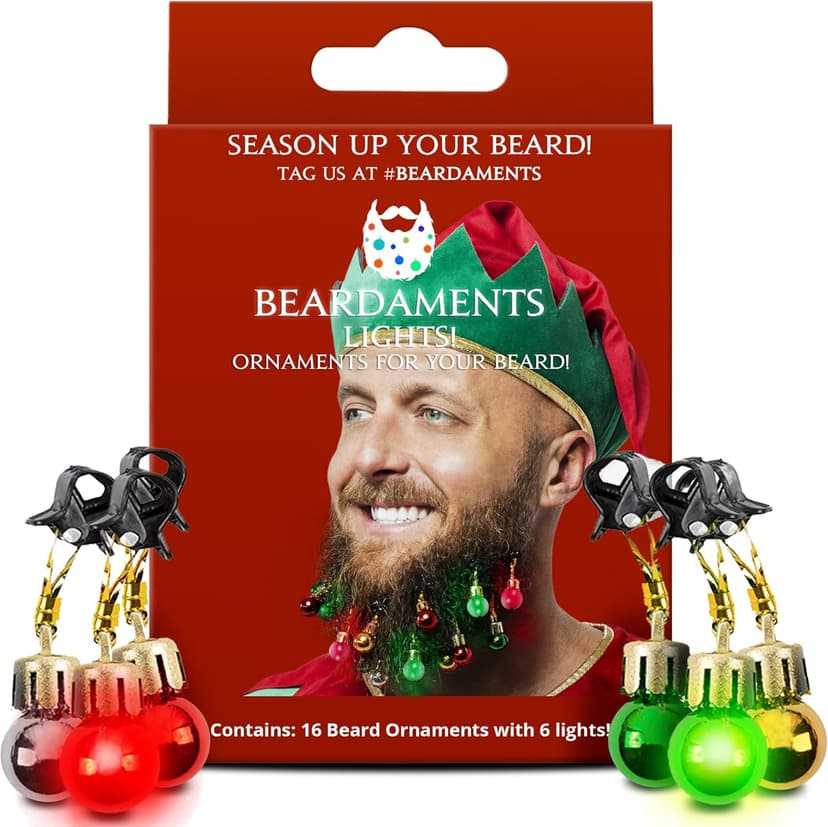Beard Lights - Light-Up Beard Ornaments for Men - Colorful Christmas Beard Baubles with Easy Clip Attachment - Funny Christmas Ornaments - 16pc