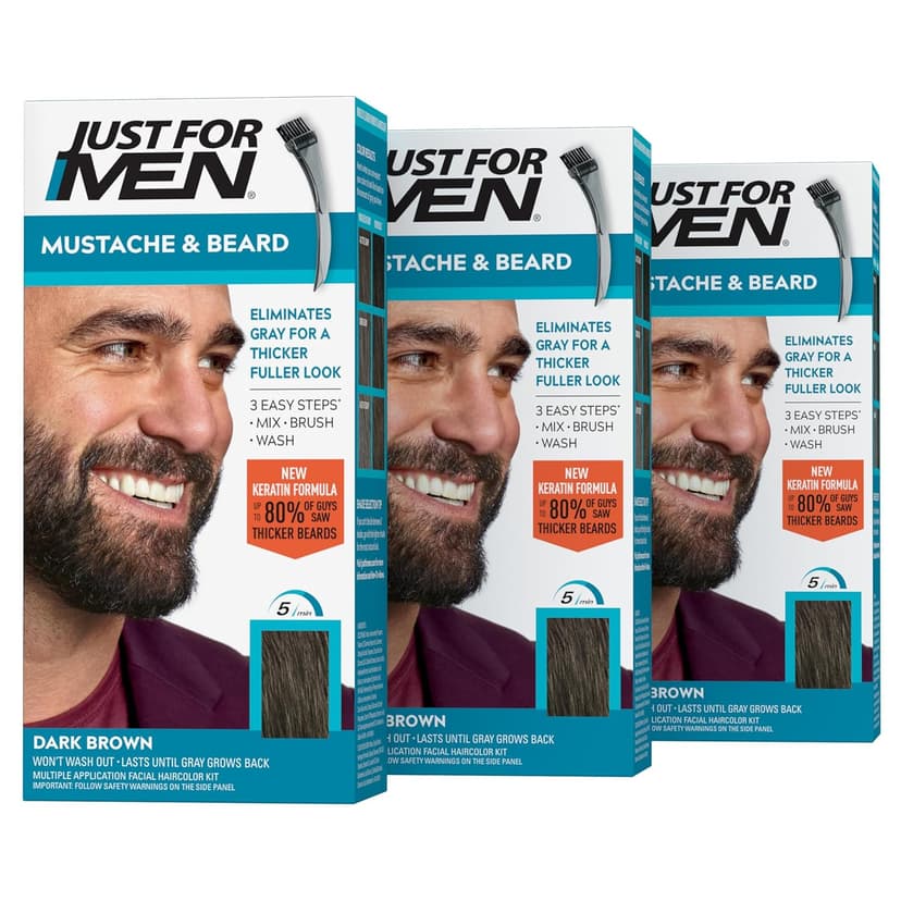Just for Men Mustache & Beard, Beard Dye for Men with Brush Included, With Keratin Biotin Aloe and Coconut Oil for Healthy Facial Hair - Dark Brown, M-45, Pack of 3 (Packaging May Vary)